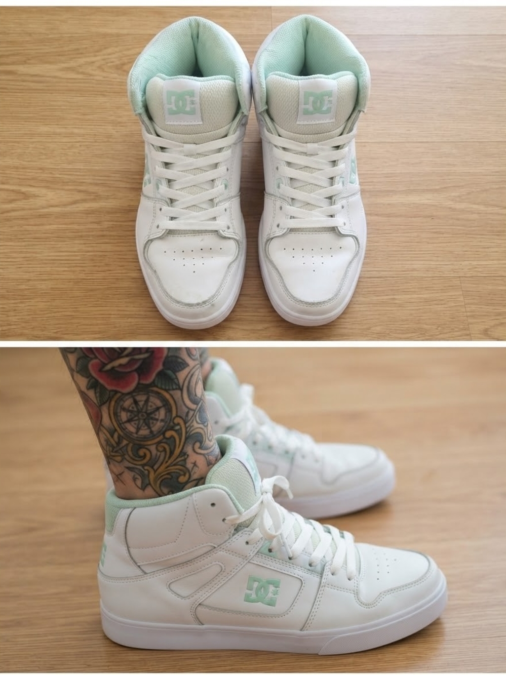 DC Shoes White and Mint Green High-Top Sneakers (W 7.5 / M 5.5 - 24.5cm)